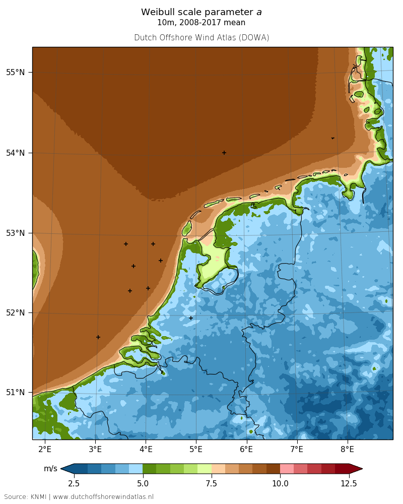 Weibull scale parameter a - 10m, 2008-2017 mean