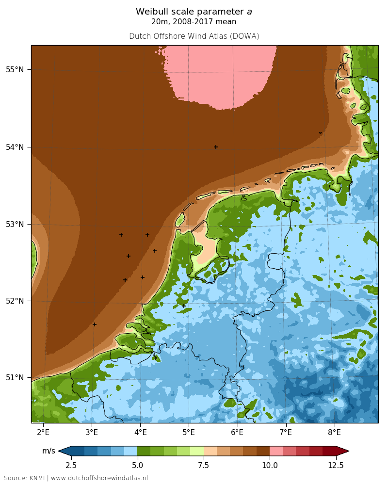 Weibull scale parameter a - 20m, 2008-2017 mean