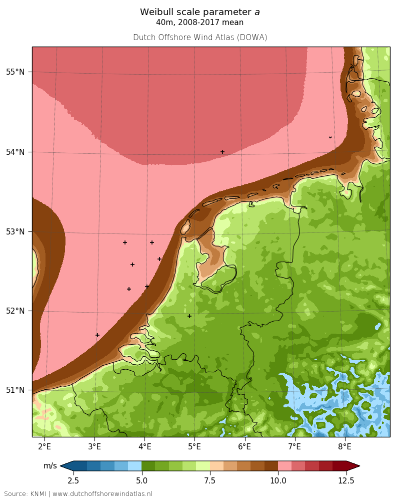 Weibull scale parameter a - 40m, 2008-2017 mean