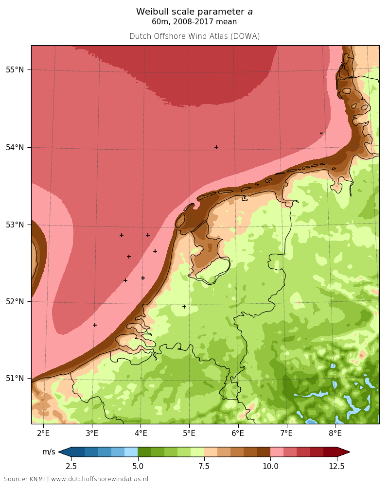 Weibull scale parameter a - 60m, 2008-2017 mean