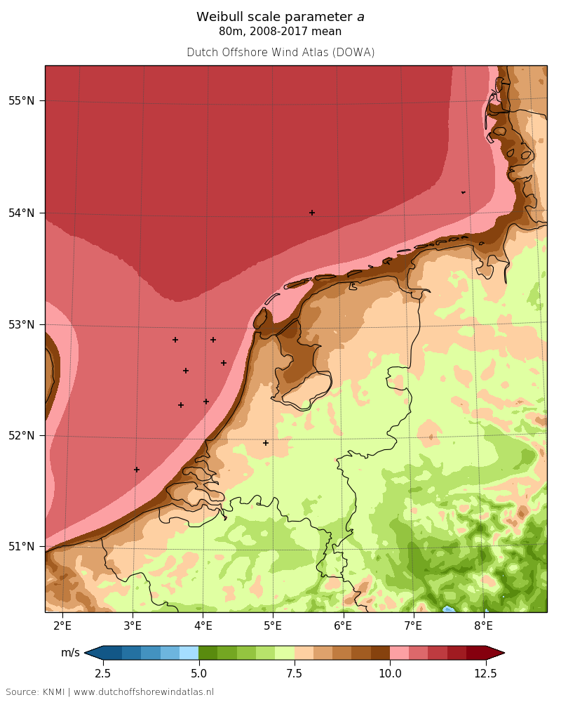 Weibull scale parameter a - 80m, 2008-2017 mean