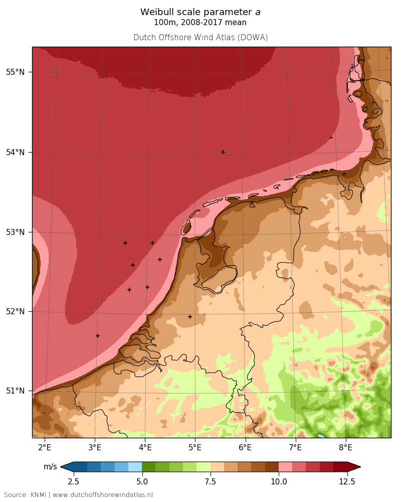 Weibull scale parameter a - 100m, 2008-2017 mean