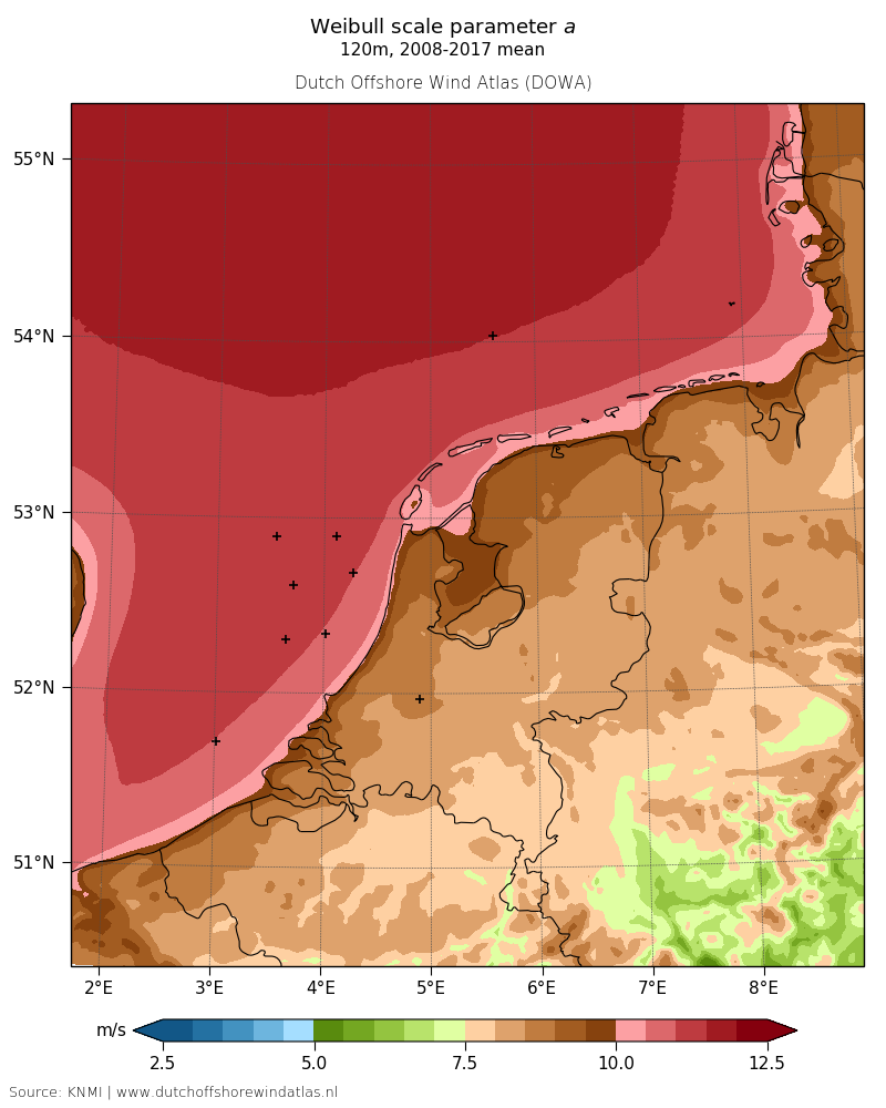 Weibull scale parameter a - 120m, 2008-2017 mean