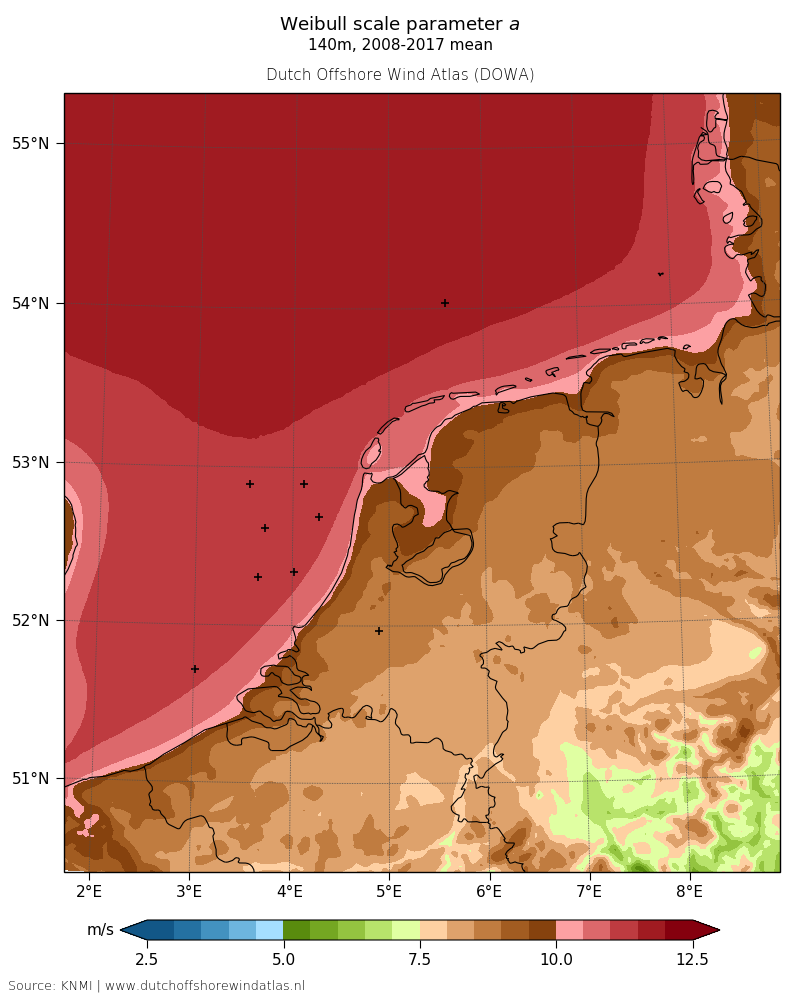 Weibull scale parameter a - 140m, 2008-2017 mean