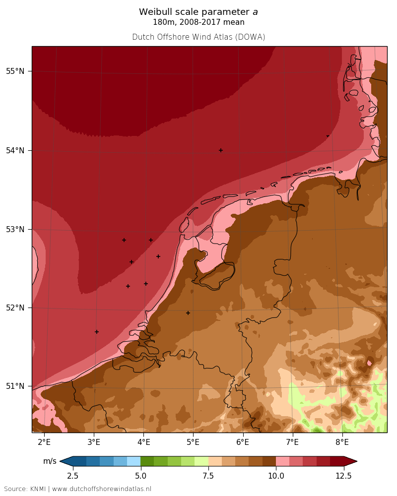 Weibull scale parameter a - 180m, 2008-2017 mean