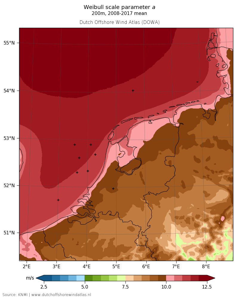 Weibull scale parameter a - 200m, 2008-2017 mean