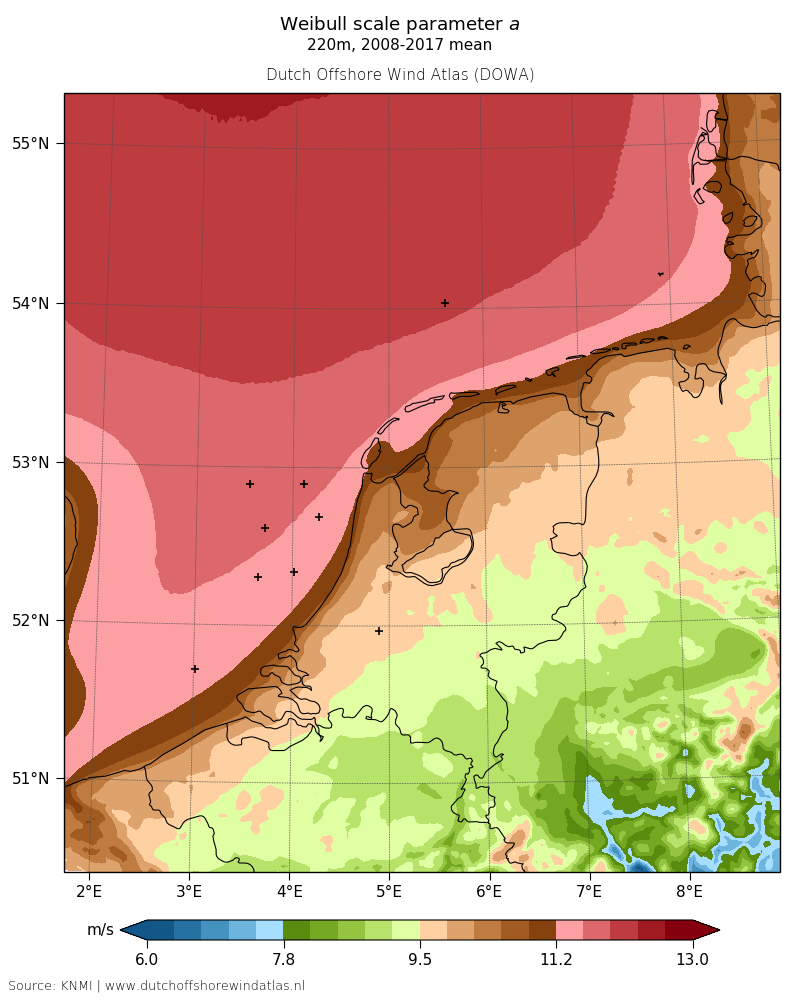 Weibull scale parameter a - 220m, 2008-2017 mean