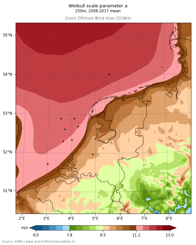 Weibull scale parameter a - 250m, 2008-2017 mean