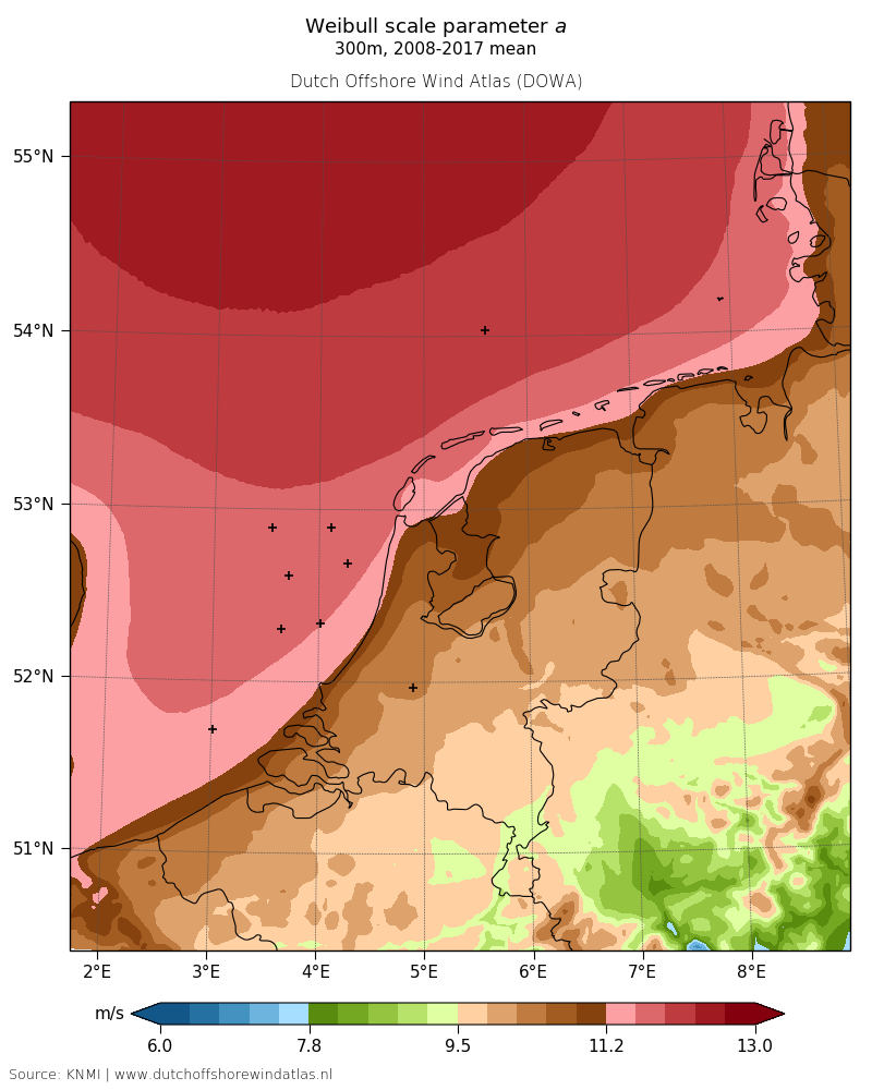 Weibull scale parameter a - 300m, 2008-2017 mean