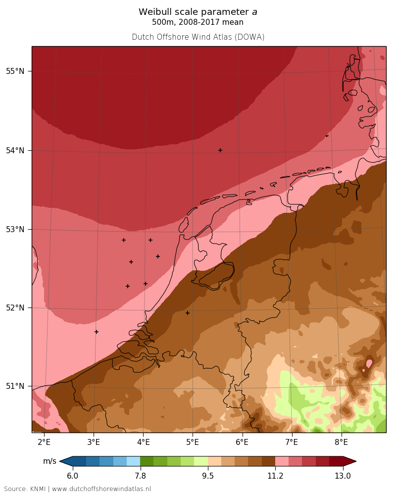 Weibull scale parameter a - 500m, 2008-2017 mean