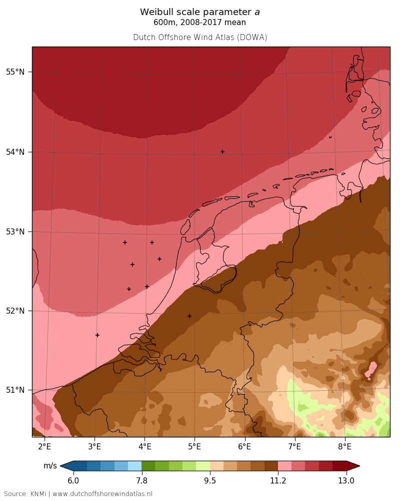 Weibull scale parameter a - 600m, 2008-2017 mean