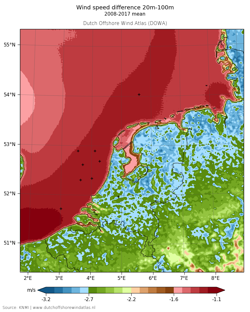 Wind speed difference 20m-100m, 2008-2017 mean