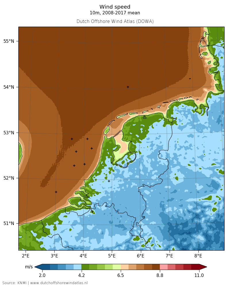 Wind speed - 10 m, 2008-2017 mean