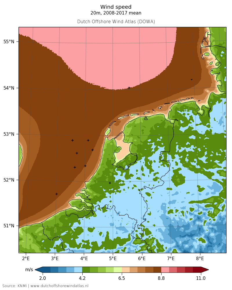 Wind speed - 20 m, 2008-2017 mean