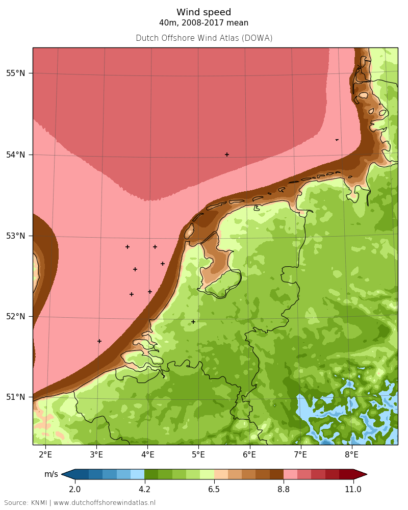 Wind speed - 40 m, 2008-2017 mean