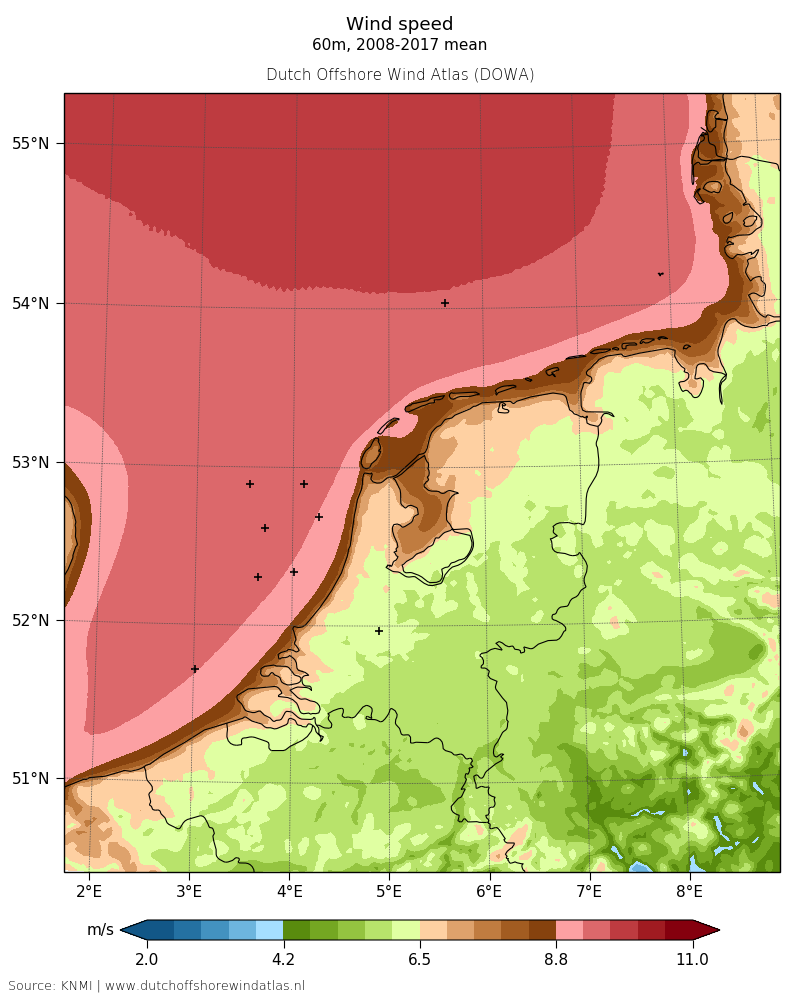 Wind speed - 60 m, 2008-2017 mean