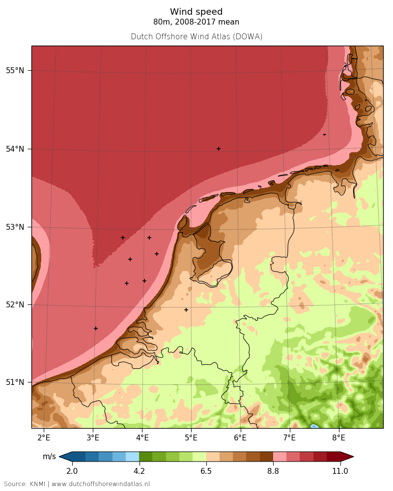 Wind speed - 80 m, 2008-2017 mean