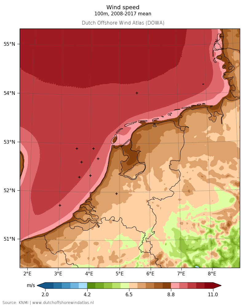 Wind speed - 100 m, 2008-2017 mean