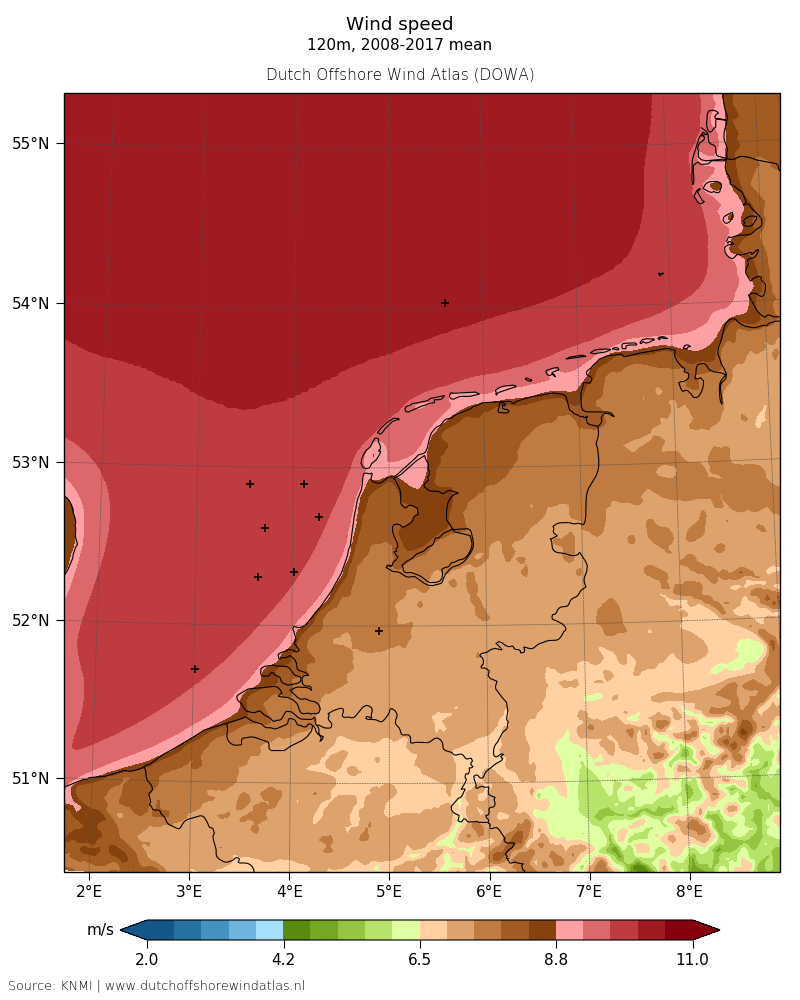 Wind speed - 120 m, 2008-2017 mean