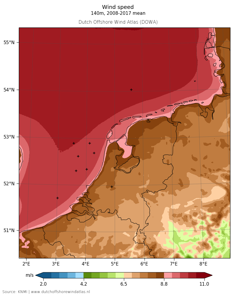 Wind speed - 140 m, 2008-2017 mean