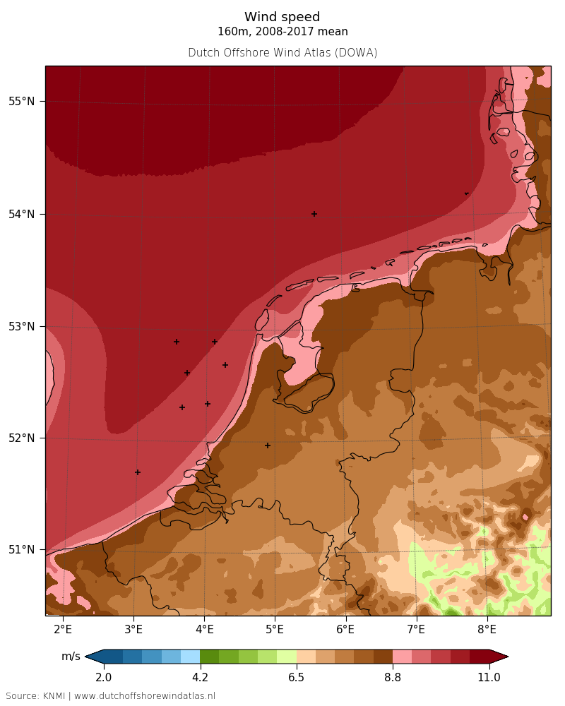 Wind speed - 160 m, 2008-2017 mean