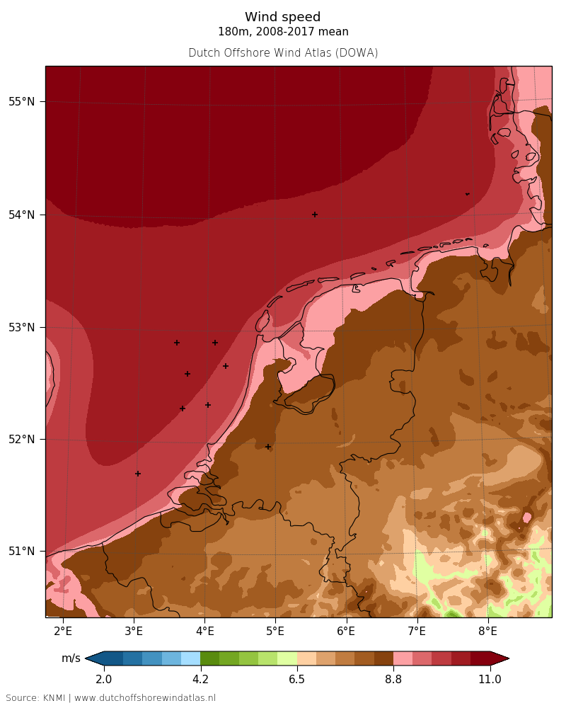 Wind speed - 180 m, 2008-2017 mean