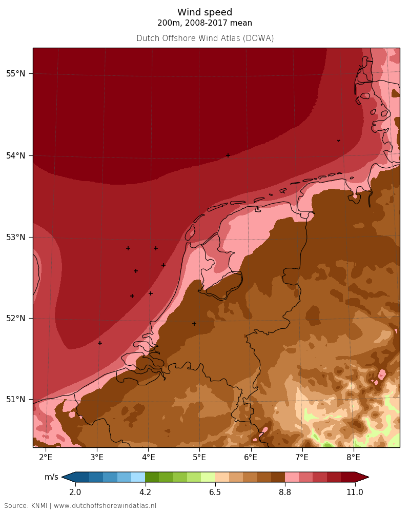 Wind speed - 200 m, 2008-2017 mean