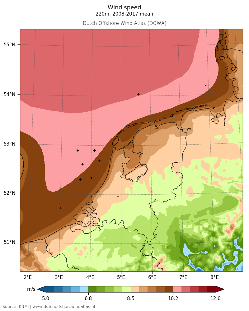 Wind speed - 220 m, 2008-2017 mean