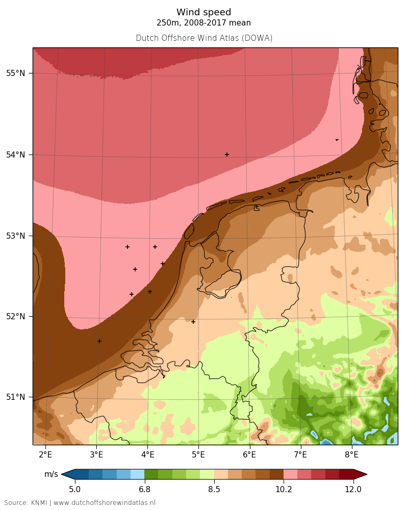 Wind speed - 250 m, 2008-2017 mean