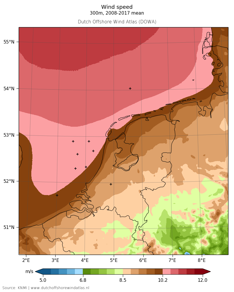 Wind speed - 300 m, 2008-2017 mean