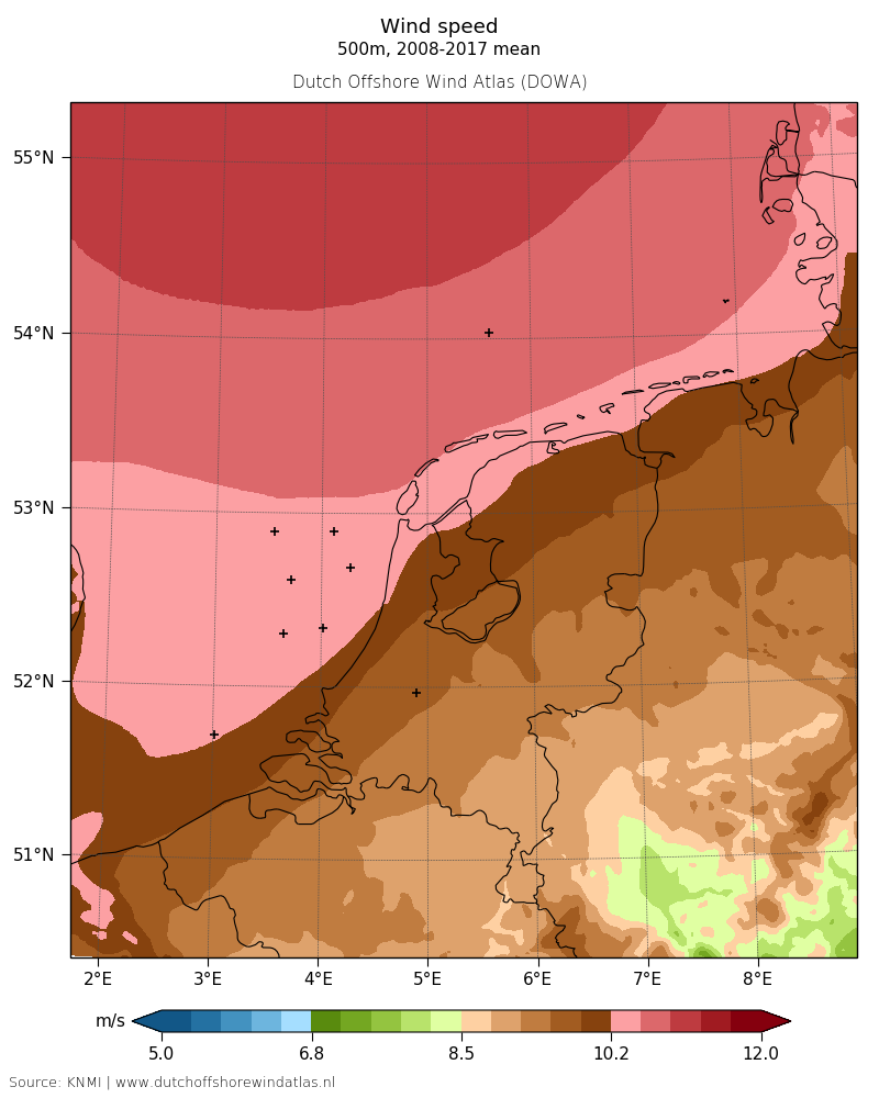 Wind speed - 500 m, 2008-2017 mean