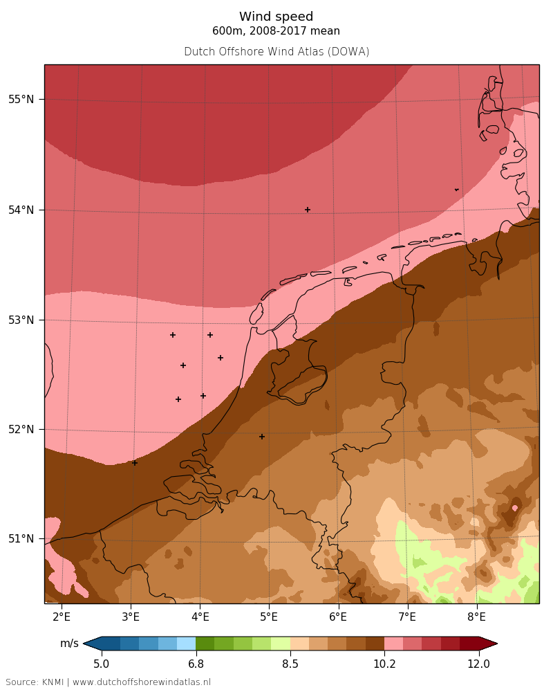 Wind speed - 600 m, 2008-2017 mean