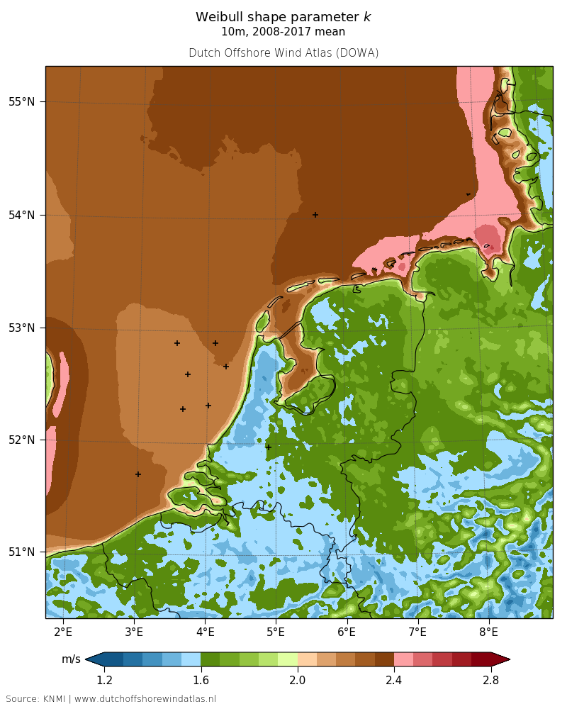 Weibull shape parameter k - 10m, 2008-2017 mean