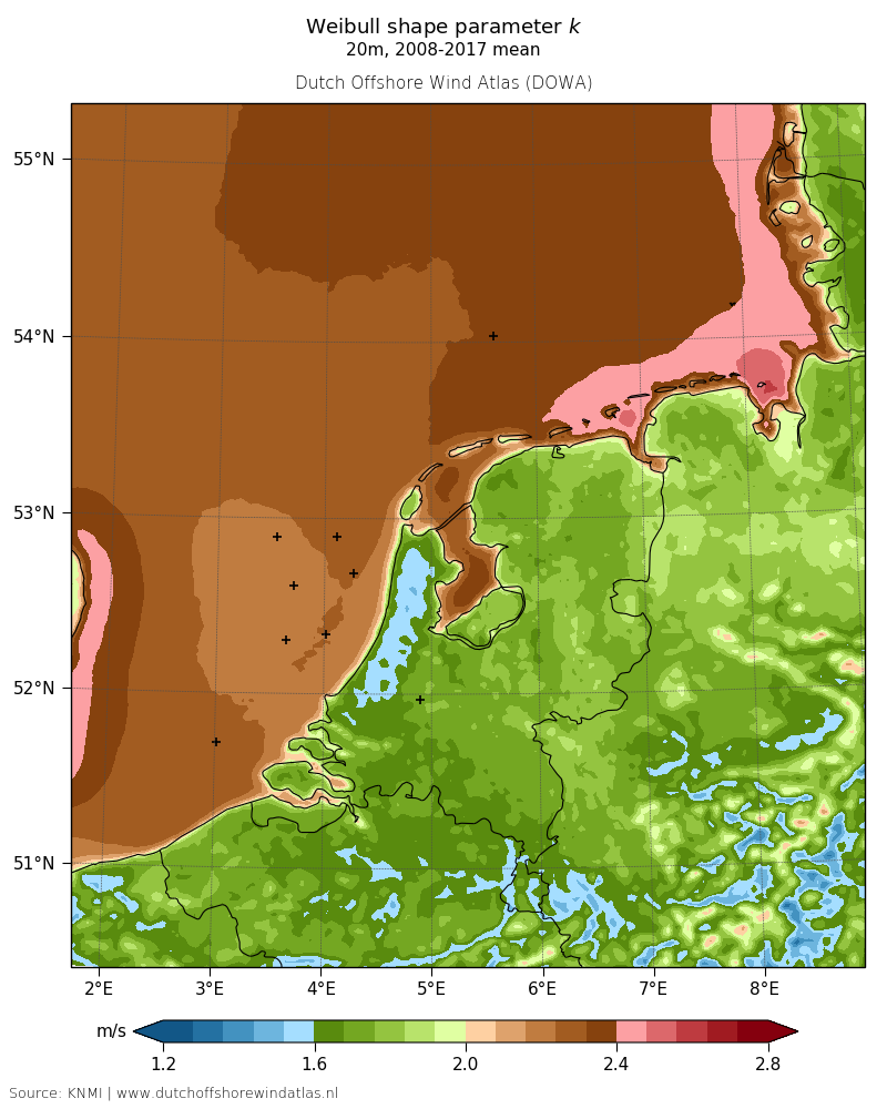 Weibull shape parameter k - 20m, 2008-2017 mean