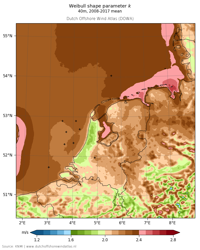 Weibull shape parameter k - 40m, 2008-2017 mean