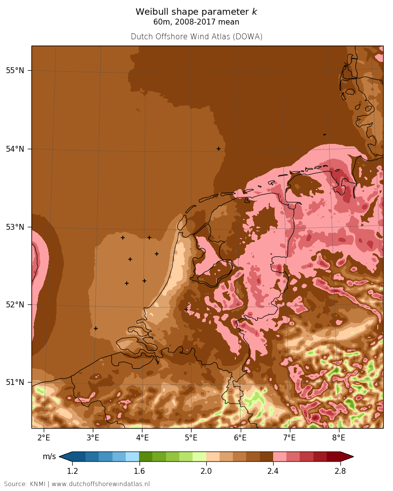 Weibull shape parameter k - 60m, 2008-2017 mean