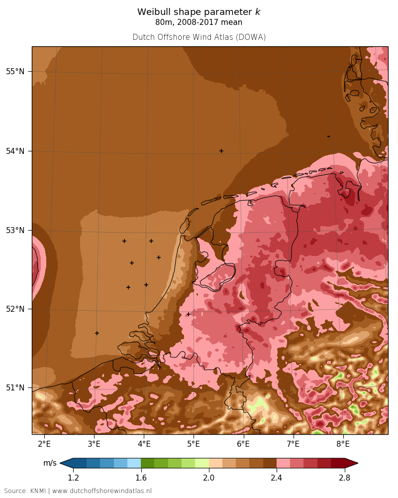 Weibull shape parameter k - 80m, 2008-2017 mean