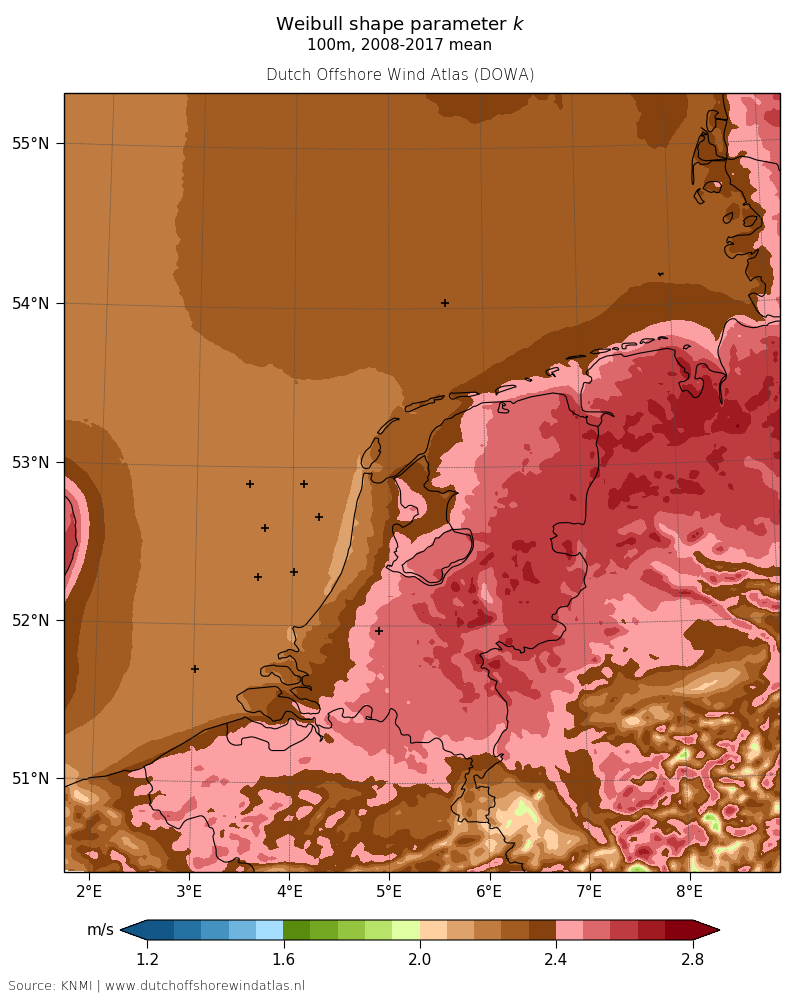 Weibull shape parameter k - 100m, 2008-2017 mean