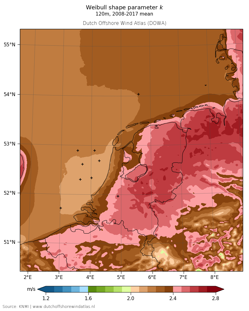 Weibull shape parameter k - 120m, 2008-2017 mean