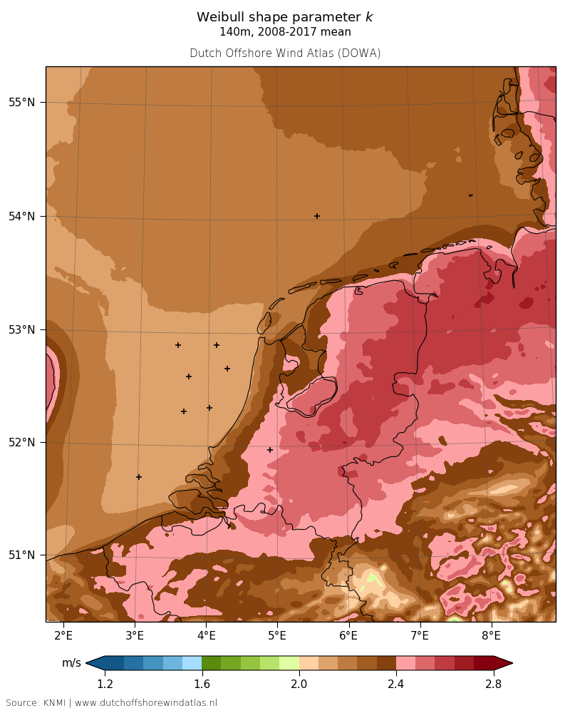 Weibull shape parameter k - 140m, 2008-2017 mean