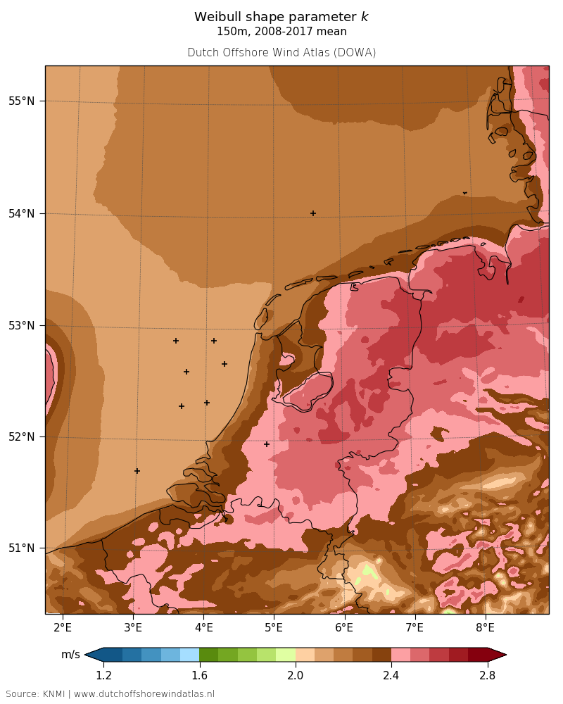 Weibull shape parameter k - 150m, 2008-2017 mean