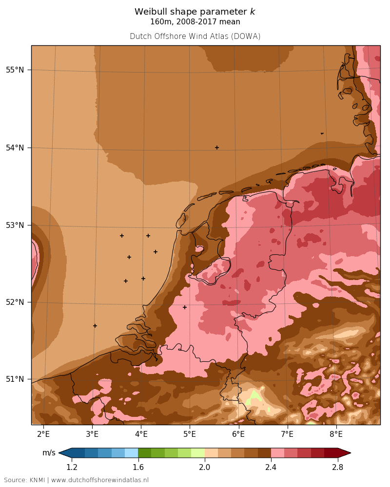 Weibull shape parameter k - 160m, 2008-2017 mean