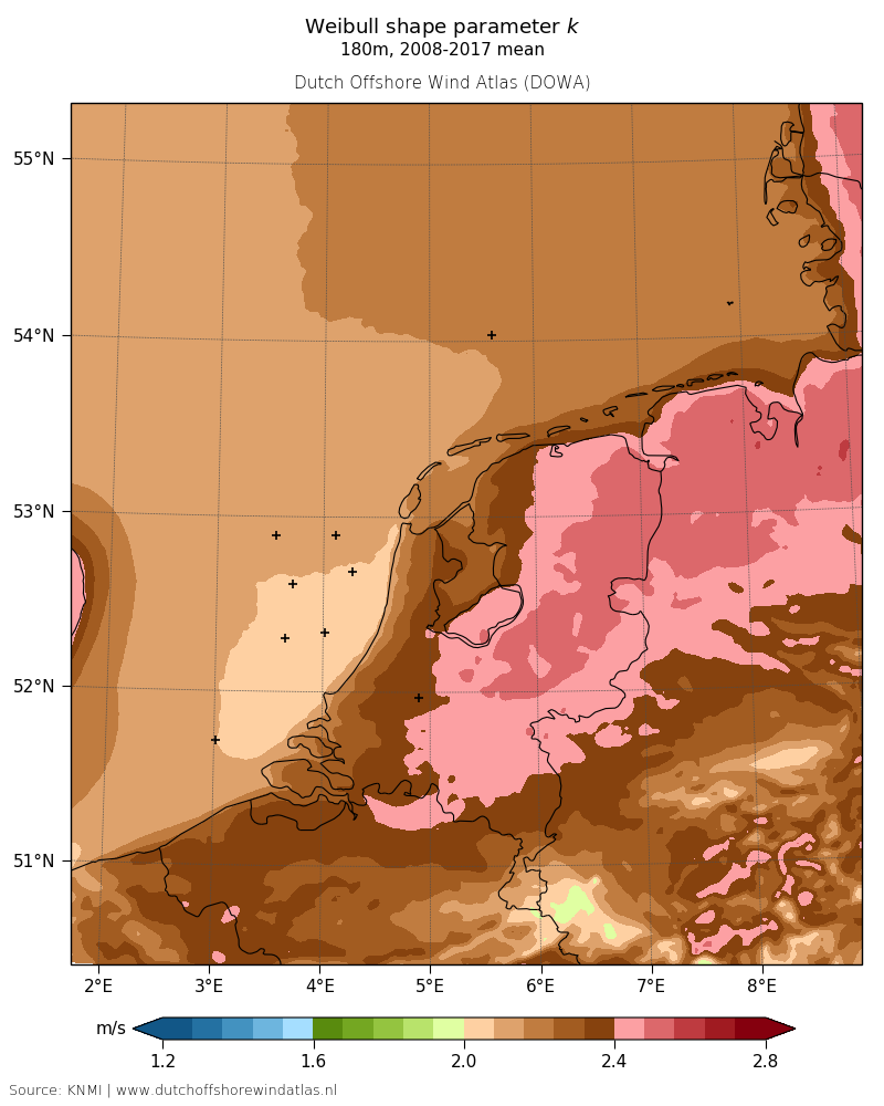 Weibull shape parameter k - 180m, 2008-2017 mean