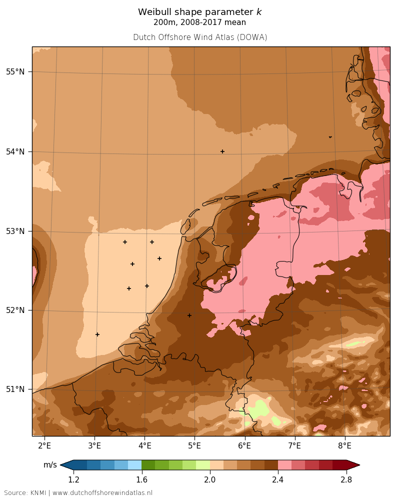 Weibull shape parameter k - 200m, 2008-2017 mean