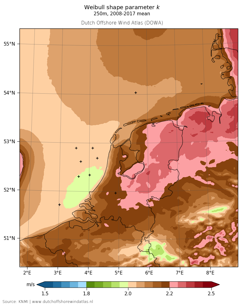 Weibull shape parameter k - 250m, 2008-2017 mean