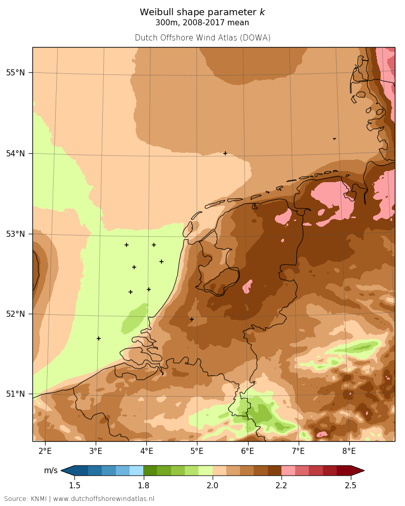 Weibull shape parameter k - 300m, 2008-2017 mean