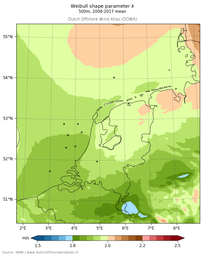 Weibull shape parameter k - 500m, 2008-2017 mean