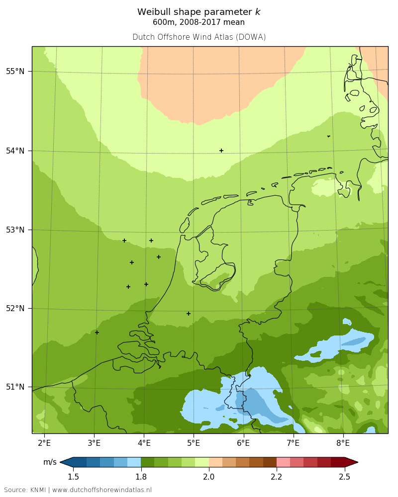 Weibull shape parameter k - 600m, 2008-2017 mean